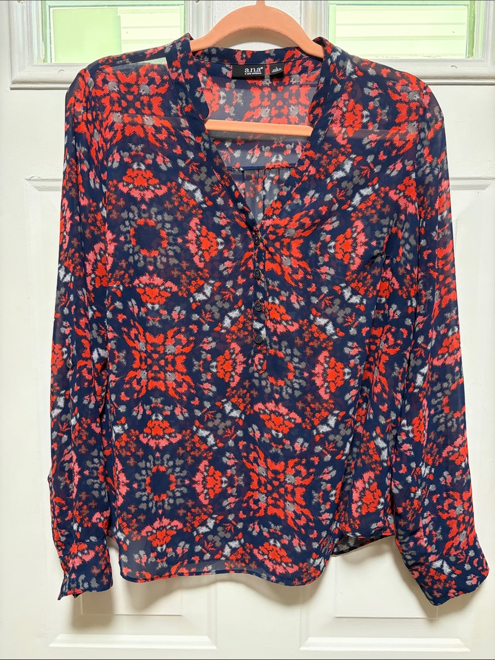 a.n.a Navy Blouse with Bright Red Pattern